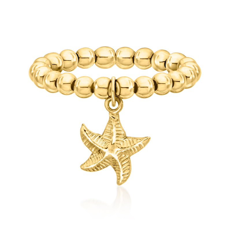 14kt yellow gold bead stretch ring with starfish charm, dangling front detail