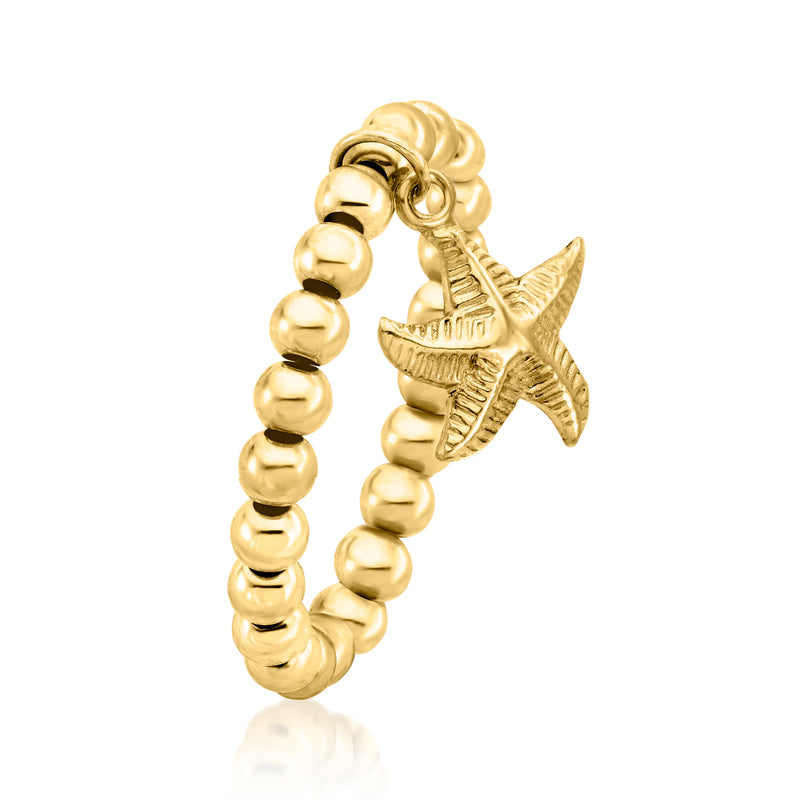 14kt yellow gold bead stretch ring with starfish charm, side view