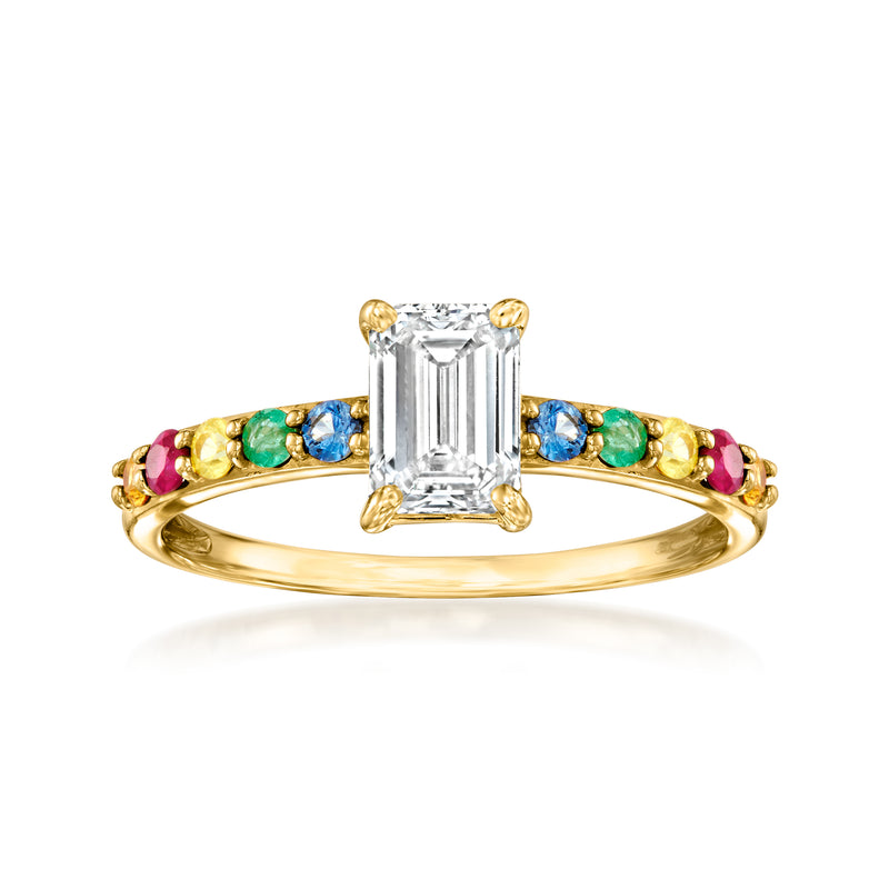 14kt yellow gold ring with emerald-cut lab-grown diamond and multicolor side gemstones