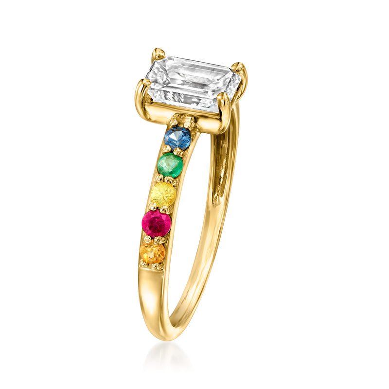 14kt yellow gold ring with emerald-cut diamond and blue-green and pink gemstone accents