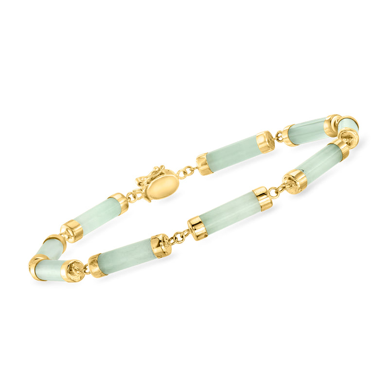 Vintage jade link bracelet, 14kt yellow gold with light green rectangular links
