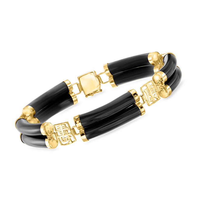 Two-row black jade bracelet with 14kt yellow gold clasps and link details