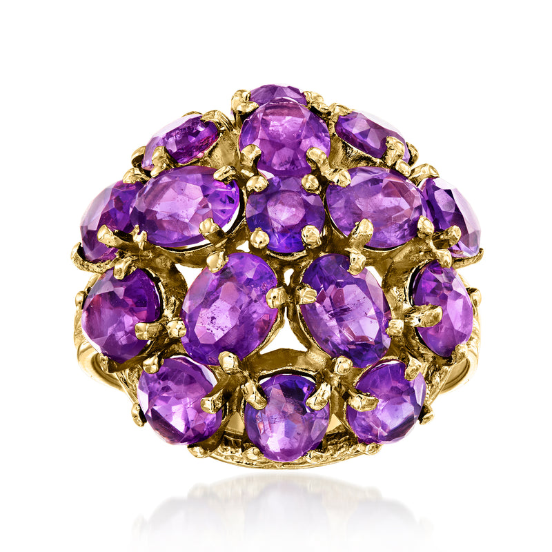 Vintage amethyst cluster ring with purple stones, set in 14kt yellow gold