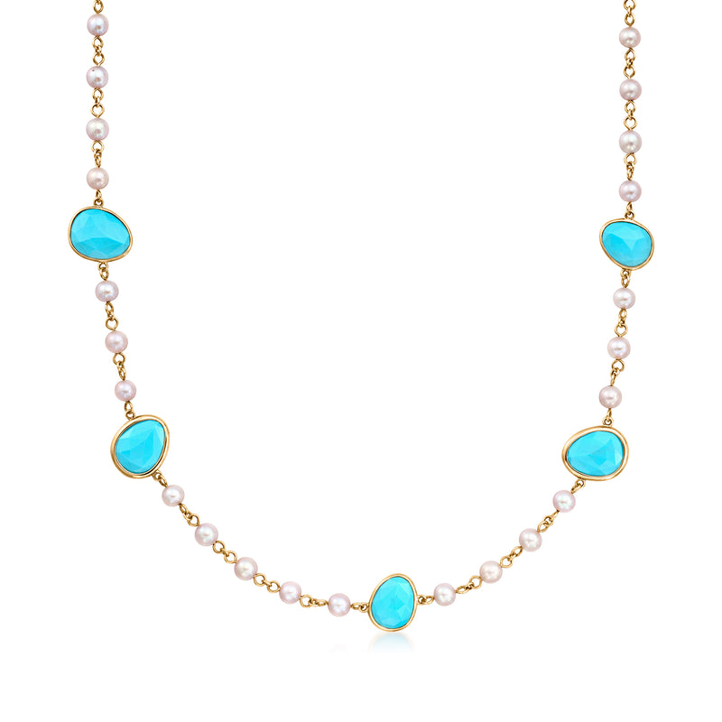 18kt rose gold pearl necklace with turquoise blue oval station links