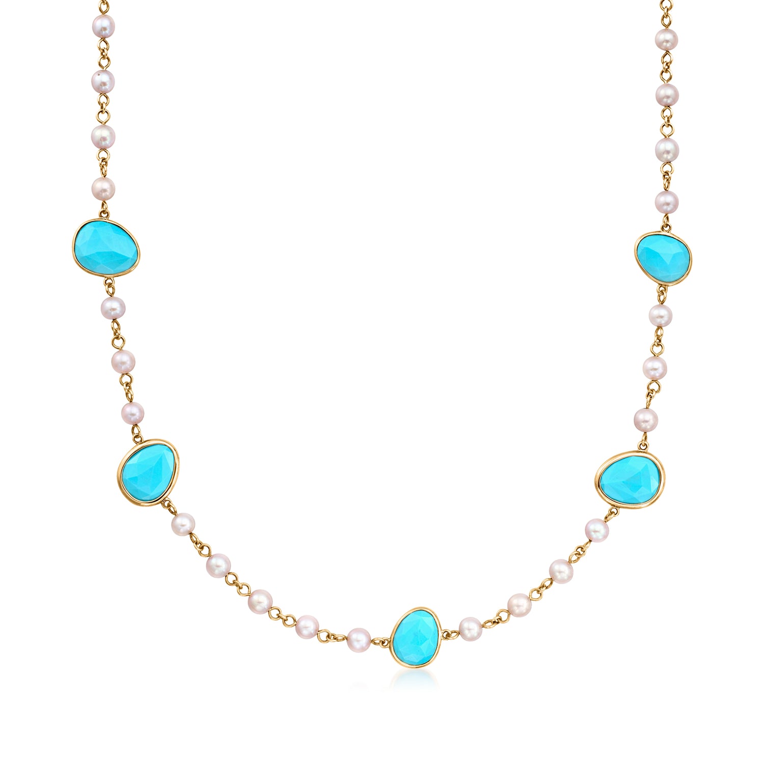 C. 1990 Vintage Mimi Milano Blue Serpentine and 5.5mm Pink Cultured Pearl Station Necklace in 18kt Rose Gold
