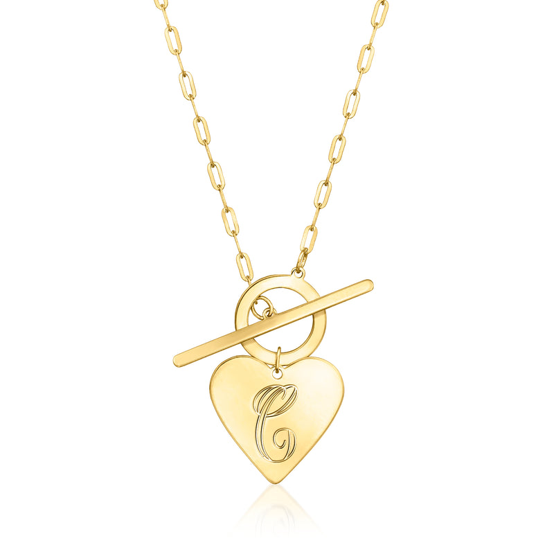 14kt yellow gold paperclip toggle necklace with engraved heart pendant and bar toggle