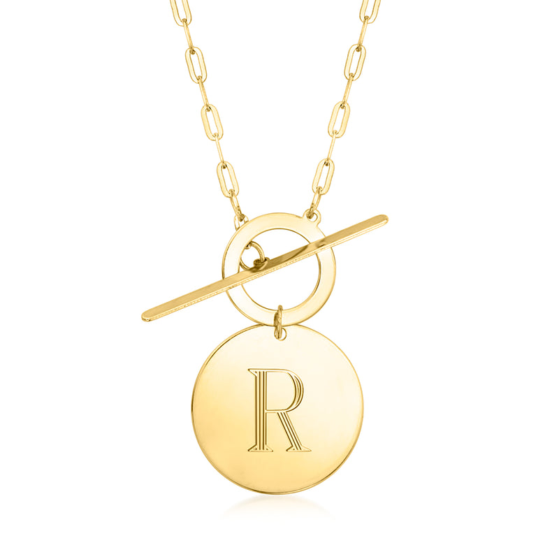 14kt yellow gold necklace with round R disc pendant and bar toggle clasp