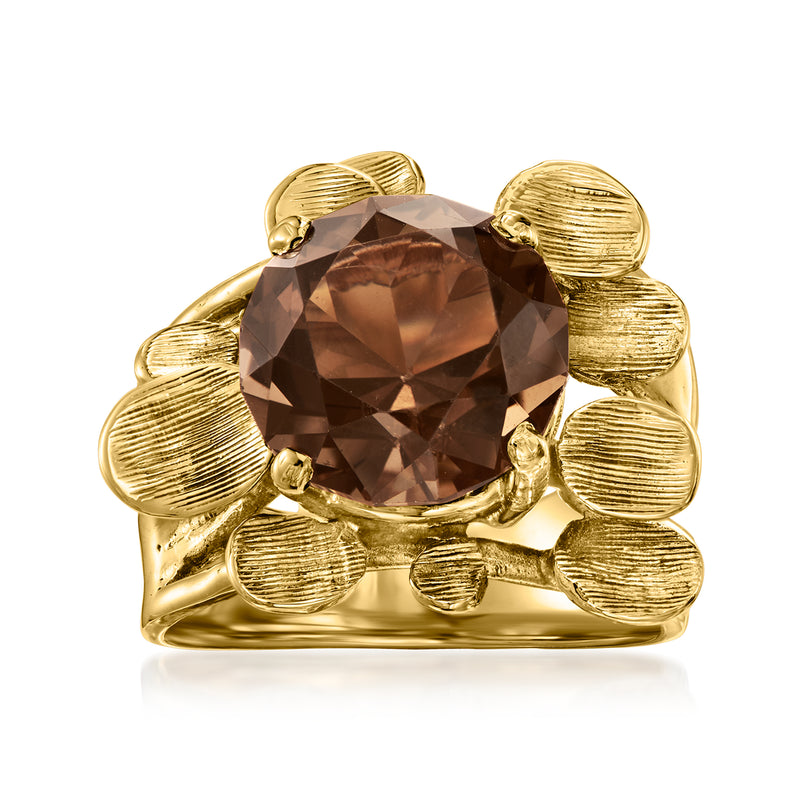 Vintage yellow gold ring with large round smoky quartz and ribbed flower-like shoulders.