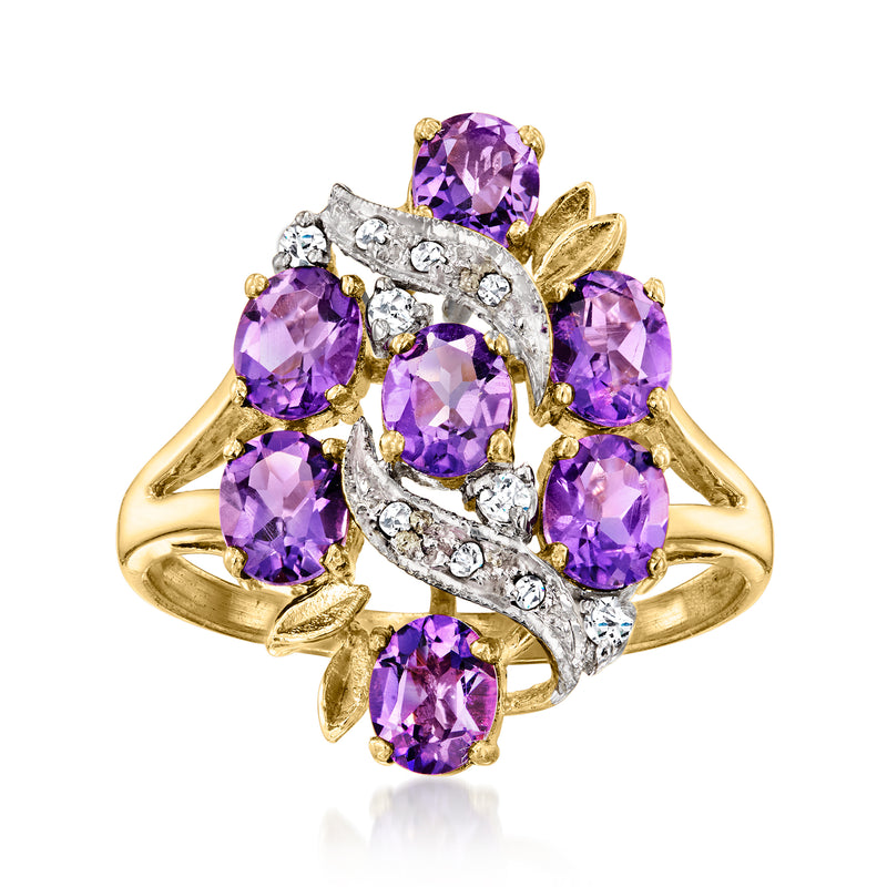 Vintage yellow gold amethyst cluster ring with diamond accent prongs