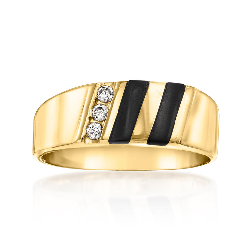 Vintage 14kt yellow gold ring with black onyx inlay and three round-cut diamonds