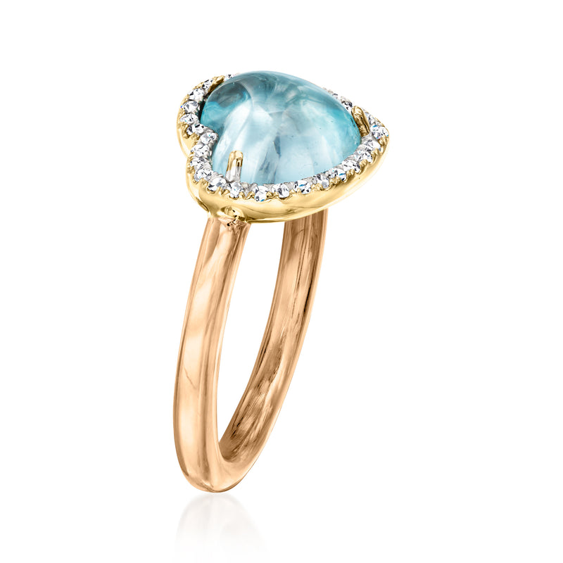 Heart-shaped sky blue gemstone ring with diamond halo, tri-colored gold band.