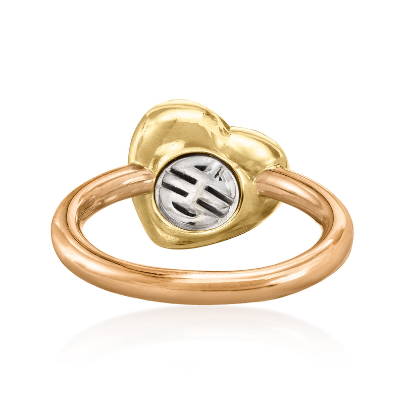 Heart ring underside view with engraved gold setting and tri-colored band.