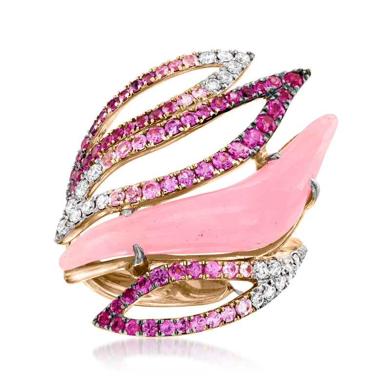 Rose gold cocktail ring with pink sapphires and white diamonds, prong-set swirl design