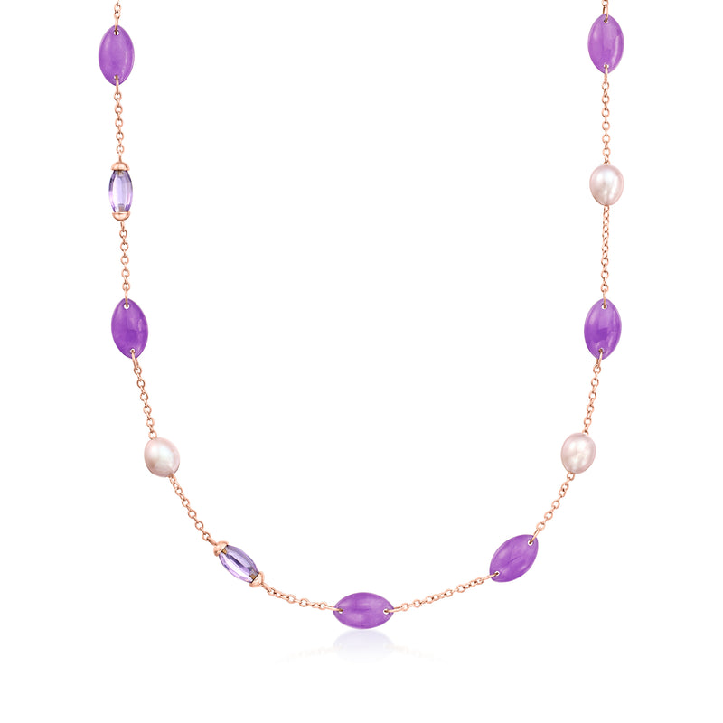 Rose gold station necklace with lavender oval beads and peach cultured pearls