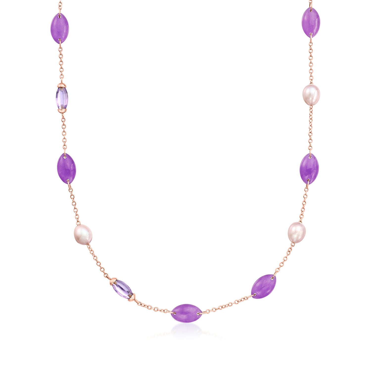C. 1990 Vintage Mimi Milano Lavender Jade and 5.25 ct. t.w. Amethyst Station Necklace with Cultured Peach Pearls in 18kt Rose Gold