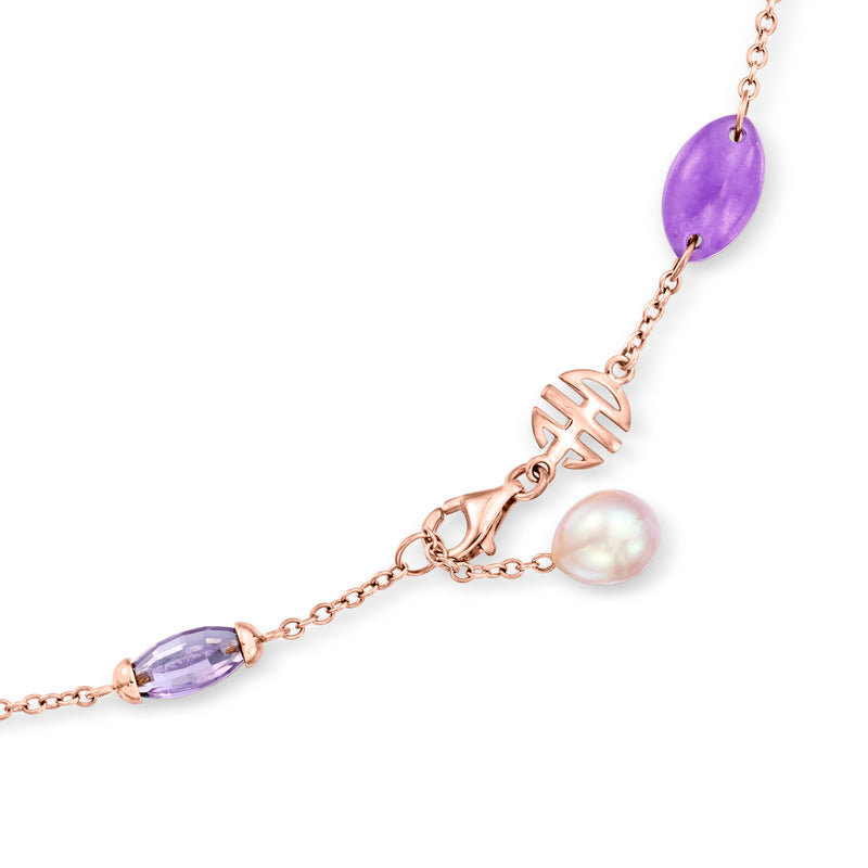 Rose gold chain with lavender teardrop pendant and single pearl drop