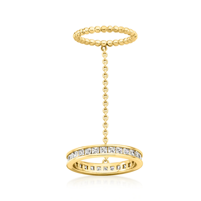 Gold beaded ring with CZ-studded wide band and dangling chain