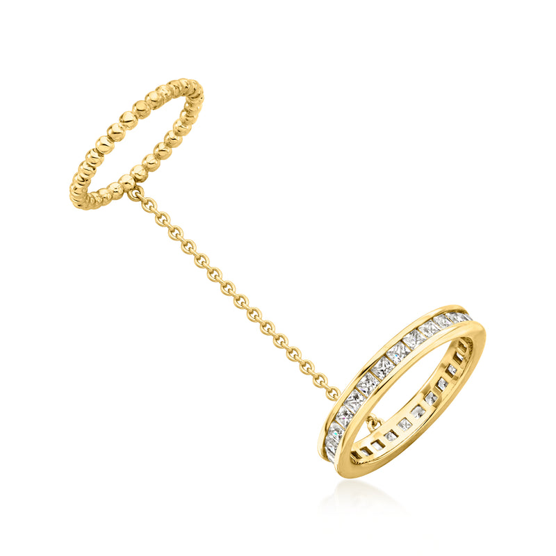 Gold ring with CZ pave wide band and circular bezel on chain