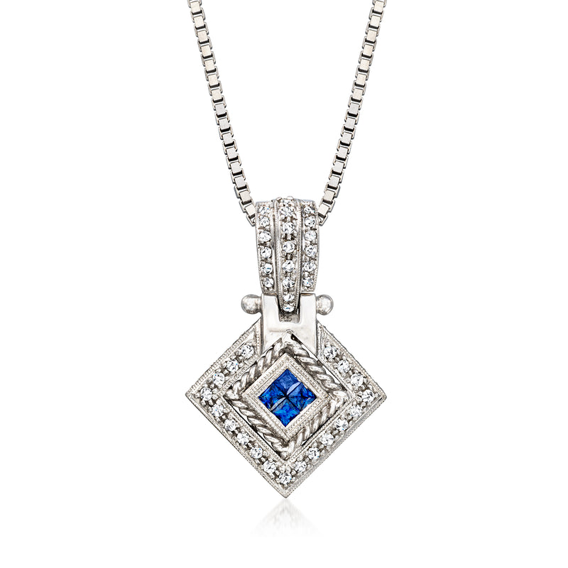 White gold diamond and blue sapphire pendant necklace with square drop
