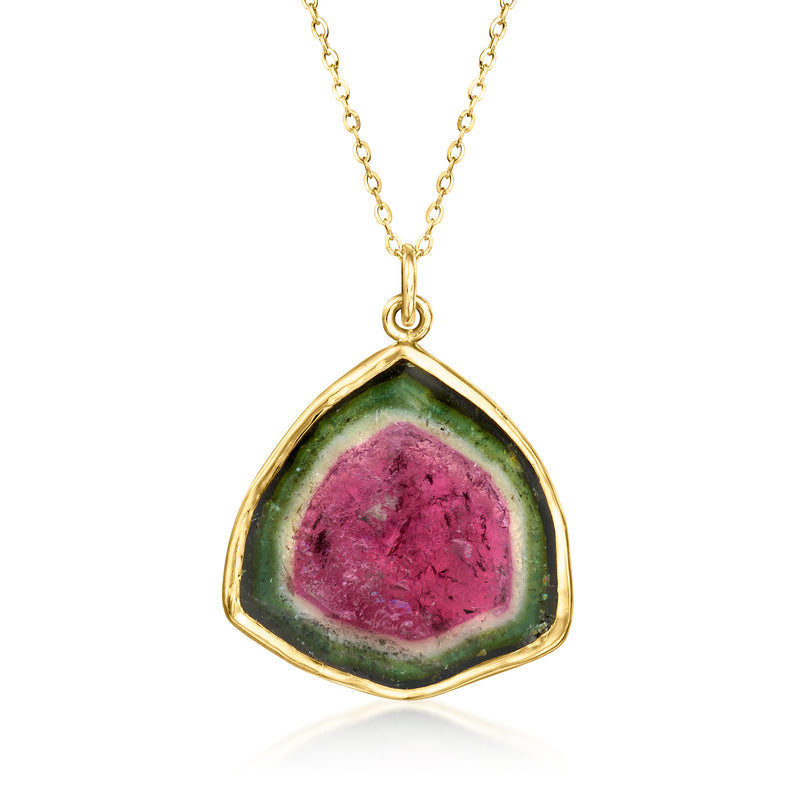 Triangular multicolored tourmaline pendant on 18kt yellow gold necklace chain