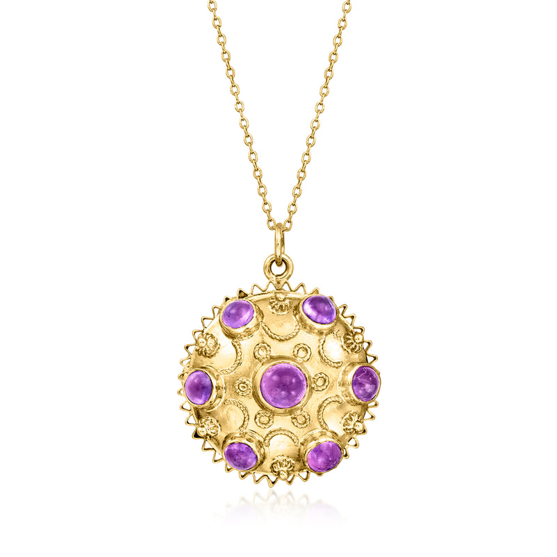 18kt yellow gold disc pendant necklace with purple amethyst cabochons and gold chain