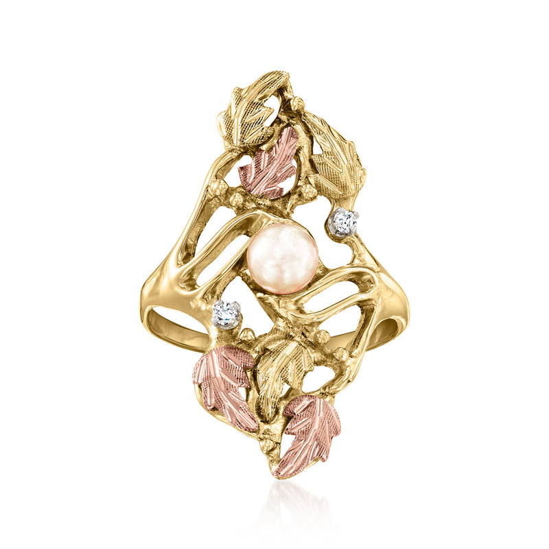 Two-tone gold leaf ring with cultured pearl center and diamond accents