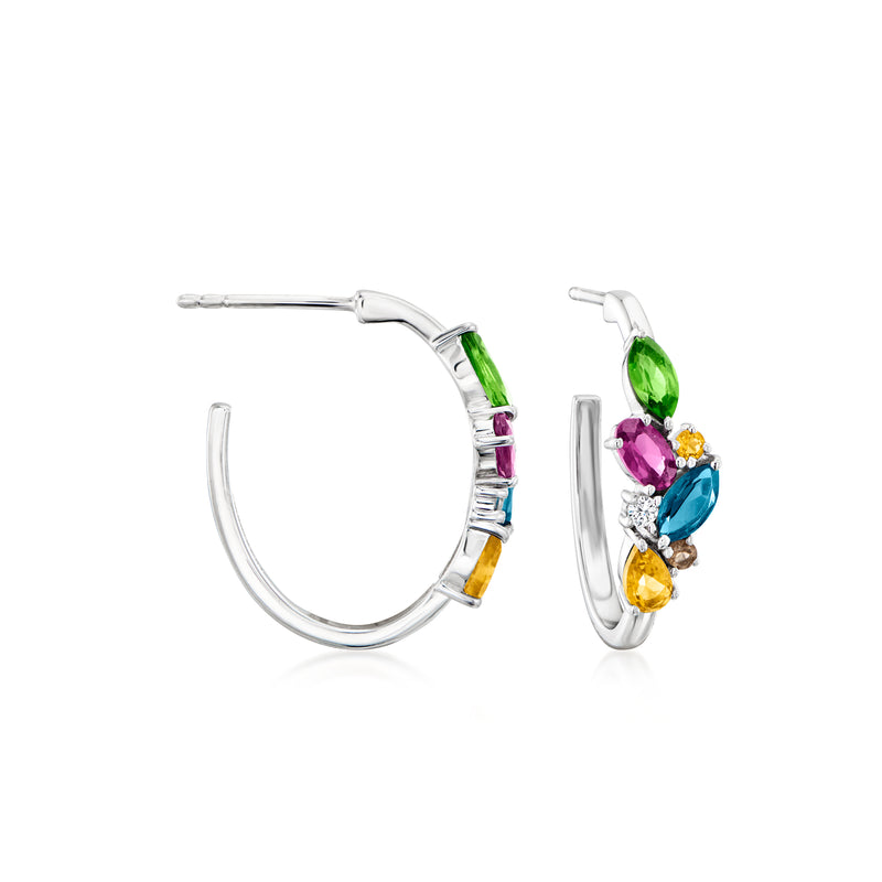 Sterling silver hoop earrings with multi-color gemstone cluster