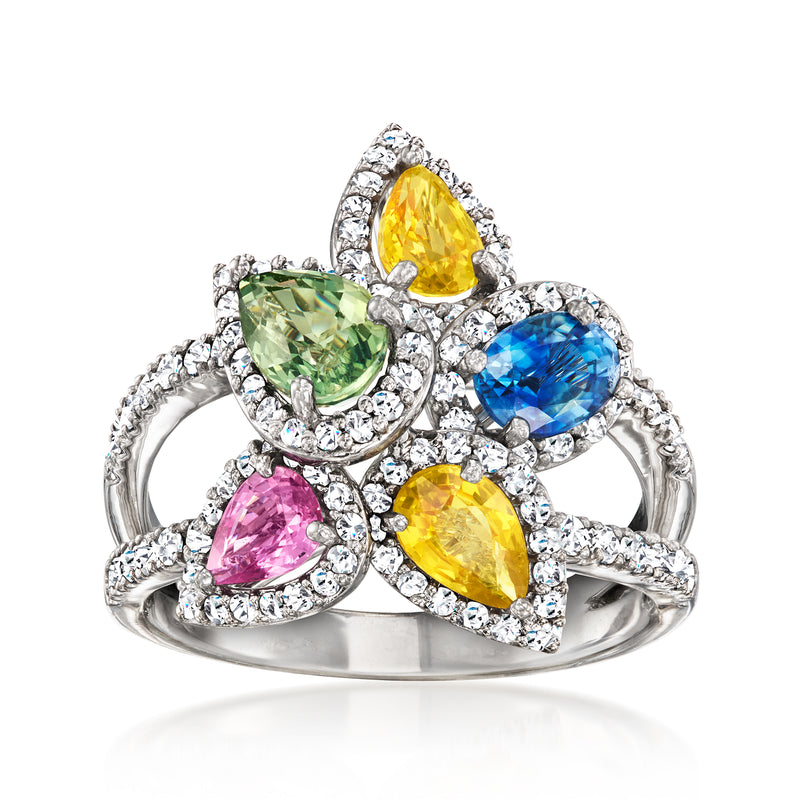 Multicolored gemstone cluster ring in 18kt white gold with diamond halo accents