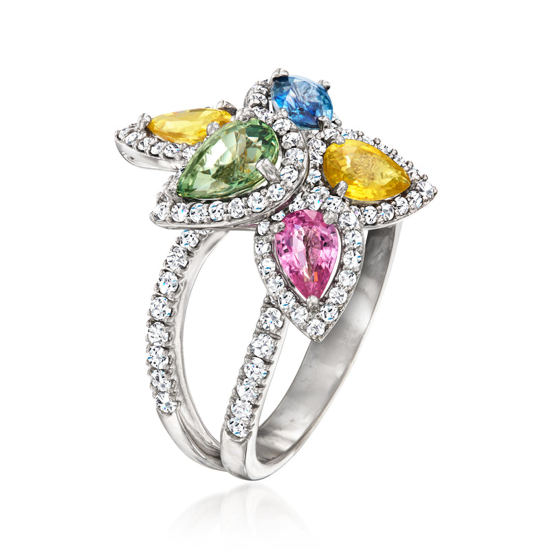 Multicolored teardrop sapphire cluster ring with diamond detailing, white gold band
