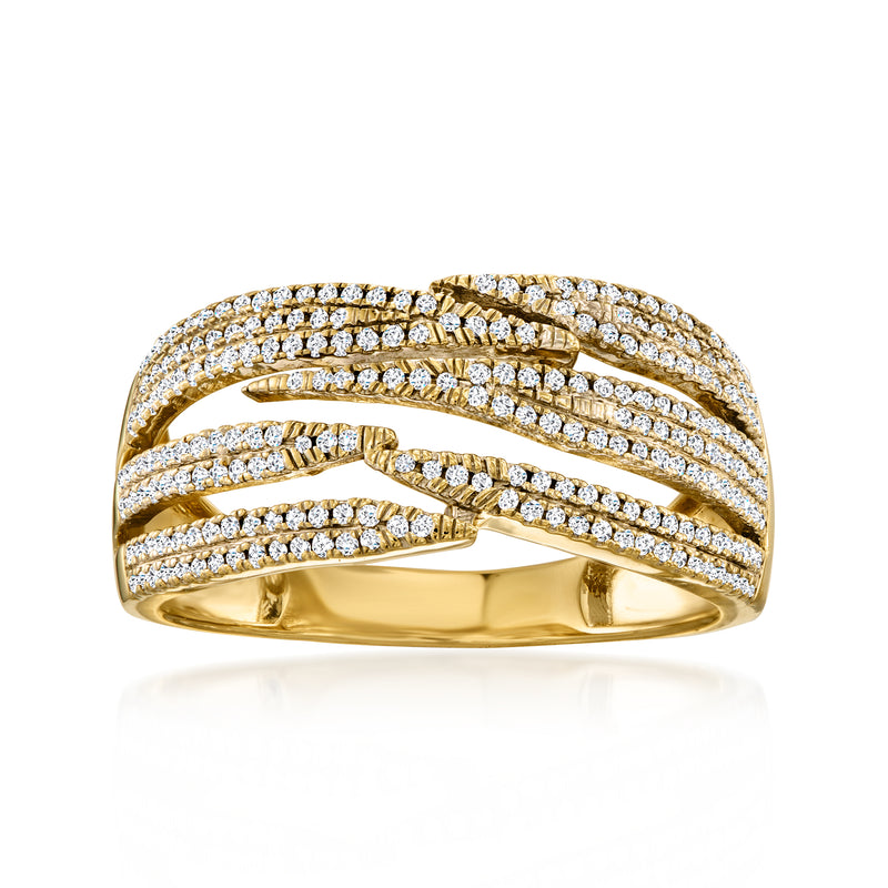 14kt yellow gold diamond multi-row band ring with crisscross clear stones
