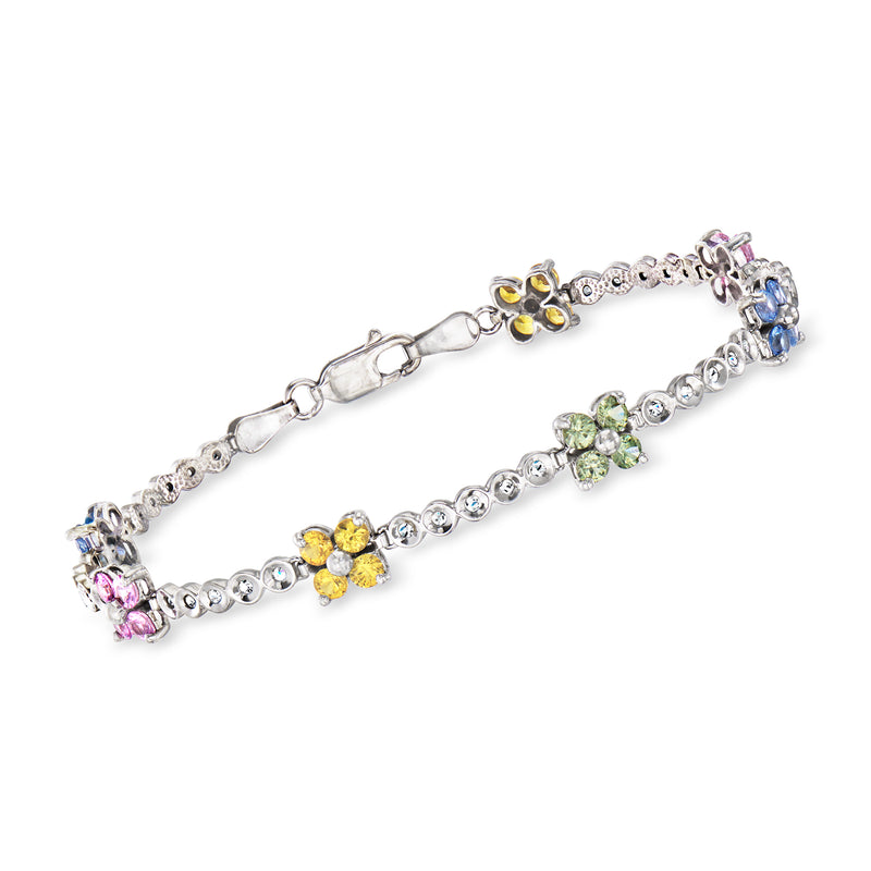 14kt white gold multicolored sapphire flower station bracelet with diamond accents