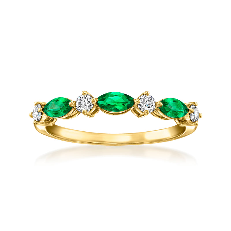 Gold vermeil ring with emerald-green oval stones and small round diamond accents