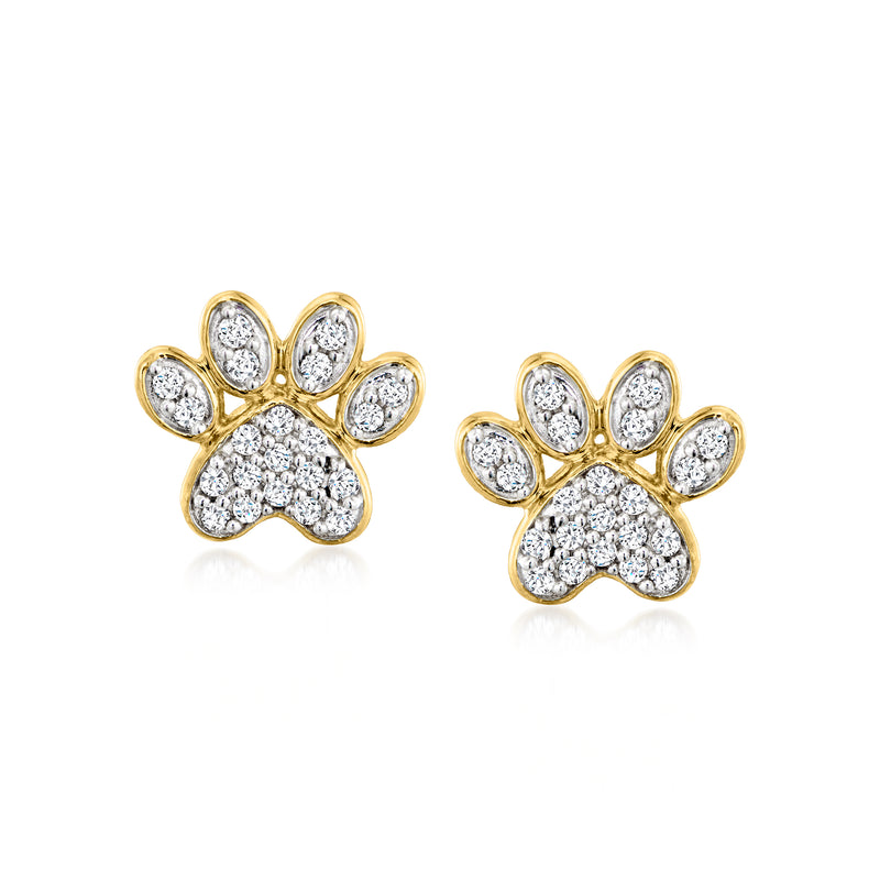 10kt yellow gold diamond paw print stud earrings with detailed paw pads