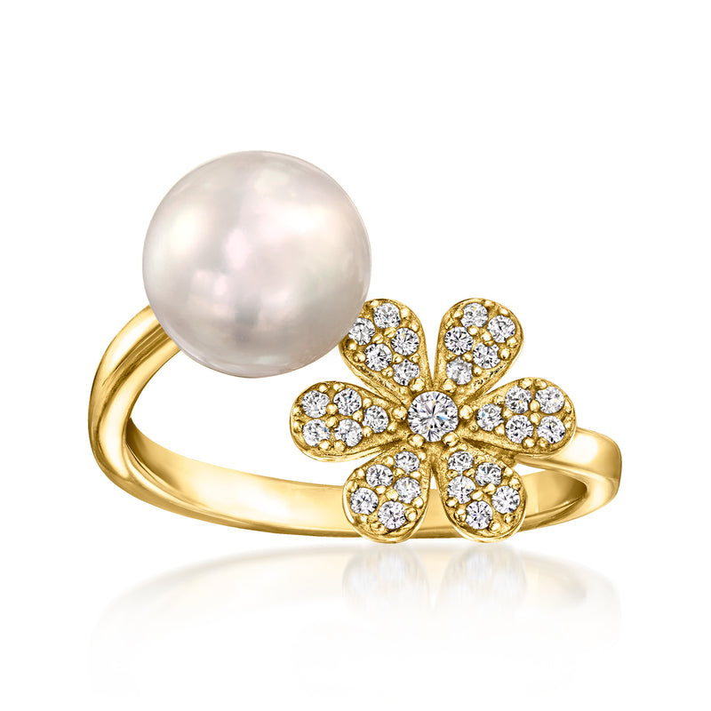 18kt gold bypass ring with large white cultured pearl and CZ flower cluster