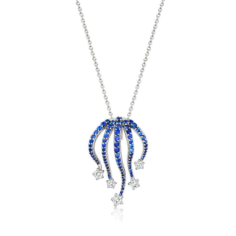 White gold star drop pendant necklace with blue sapphire and diamond accents