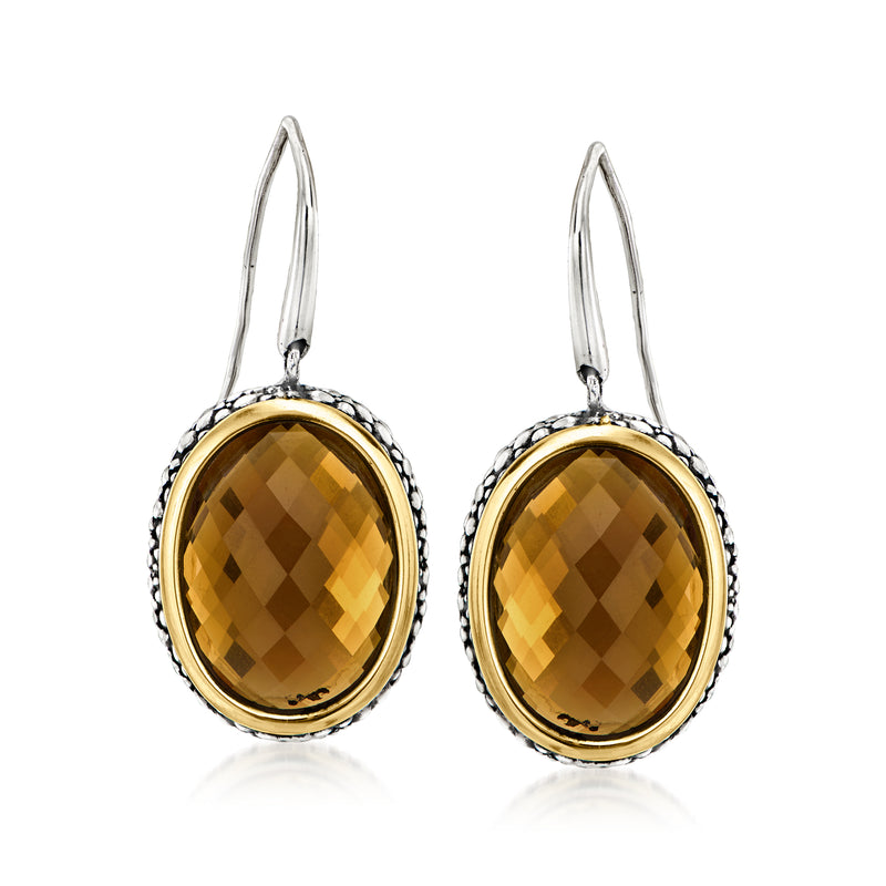 Smoky quartz drop earrings with oval golden stones in gold and silver settings