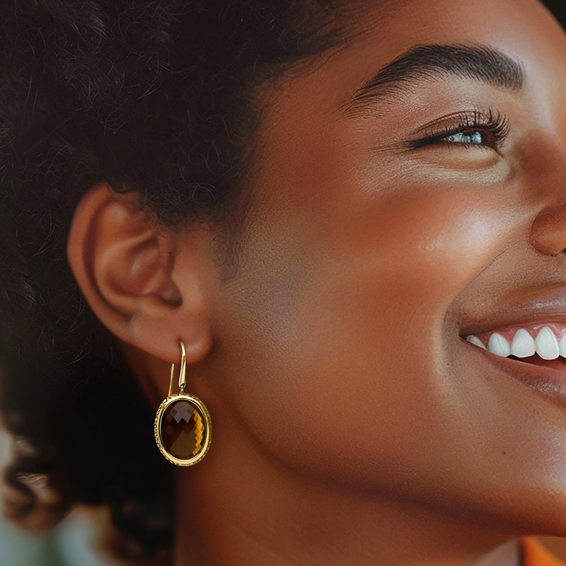Oval smoky quartz drop earrings on earwire, gold and silver with amber faceted stones