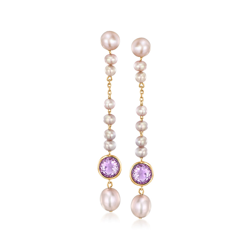 Pink cultured pearl and purple amethyst drop earrings in 18k yellow gold