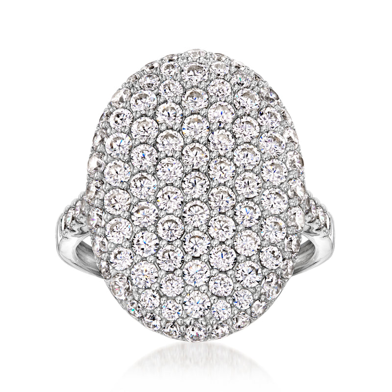 Sterling silver oval pave CZ ring with bright round stones, domed top and band