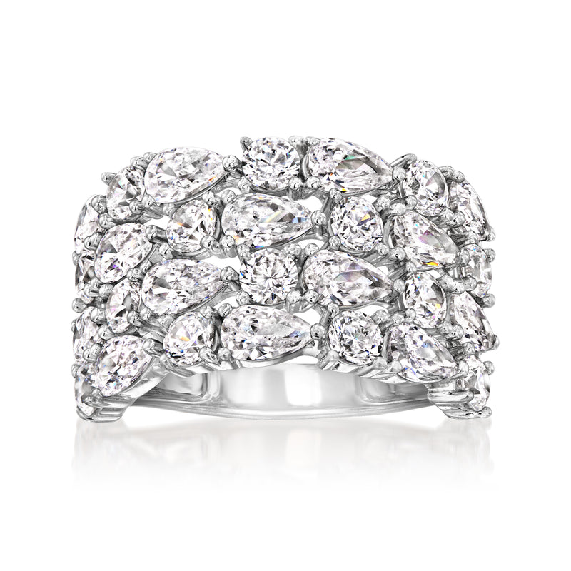 Sterling silver multi-row CZ eternity ring with clear round and oval stones, polished band