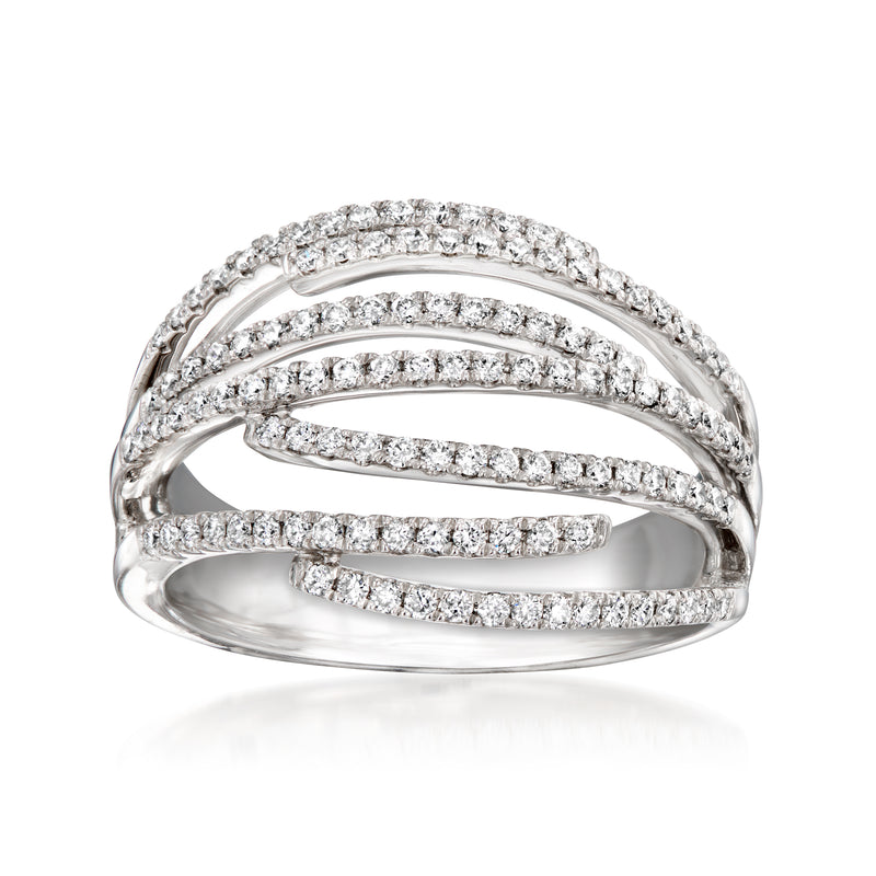 Vintage diamond multi-row ring in white gold, curved layered pavé bands