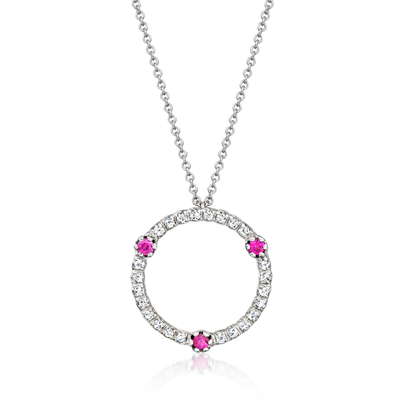 18k white gold necklace with diamond-and-ruby circle pendant on chain
