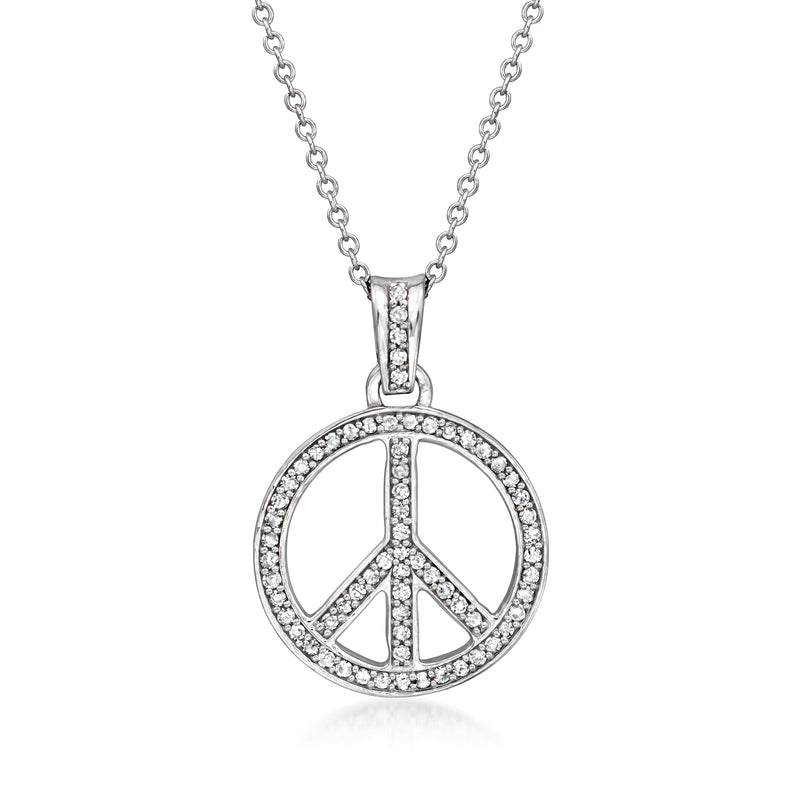 10kt white gold peace sign pendant necklace with diamond accents