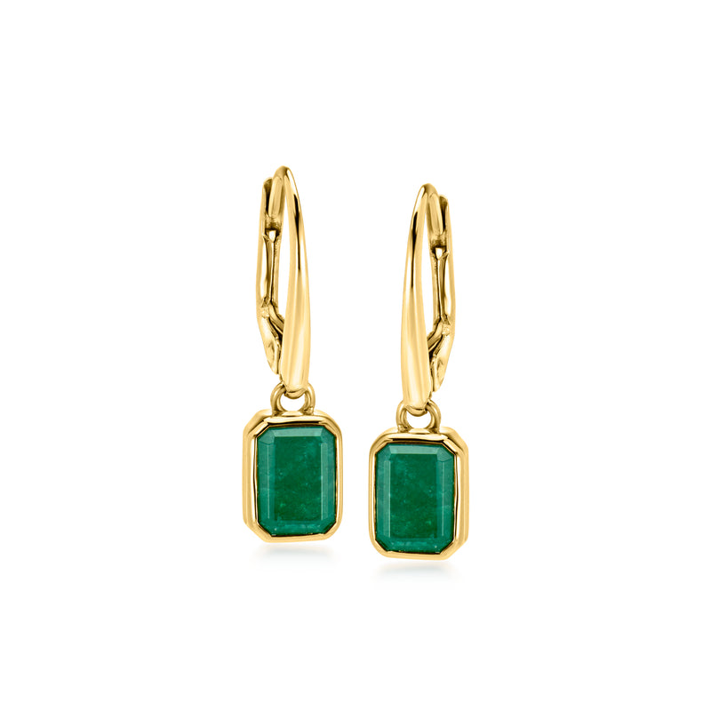Emerald drop leverback earrings with square green gemstones in gold over sterling