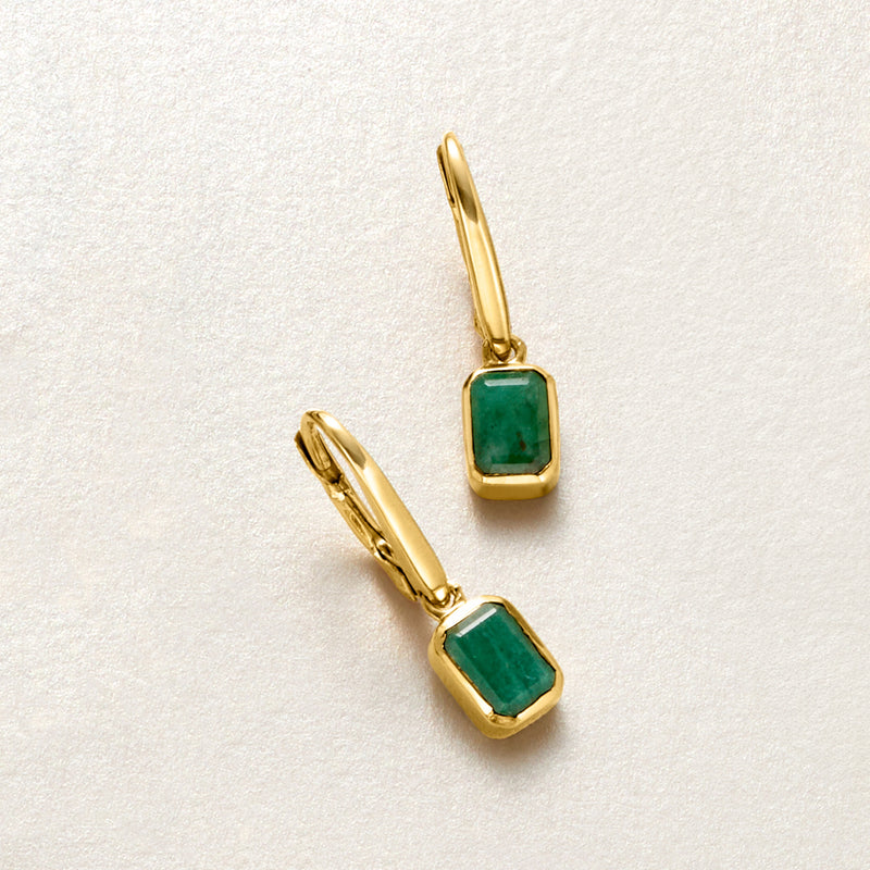 Gold over sterling leverback drop earrings with square emerald-green gemstone centers