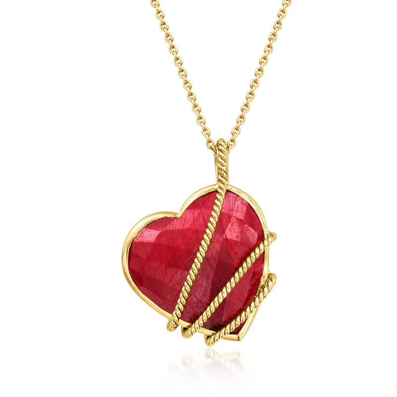 Gold heart pendant necklace with red faceted ruby-style stone and roped frame