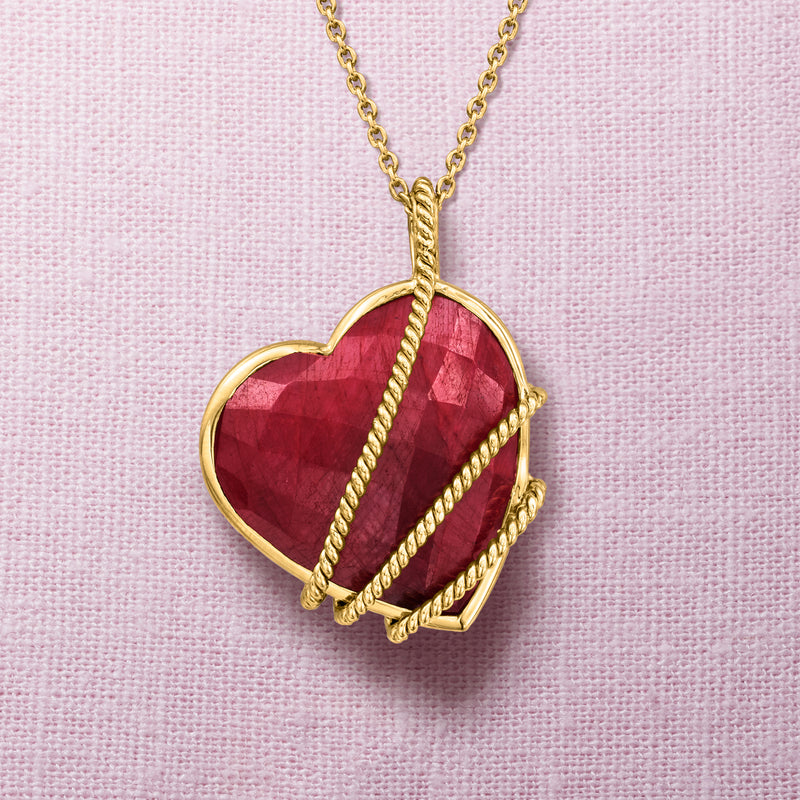 Gold heart roped pendant with red faceted ruby-style stone on a fine chain