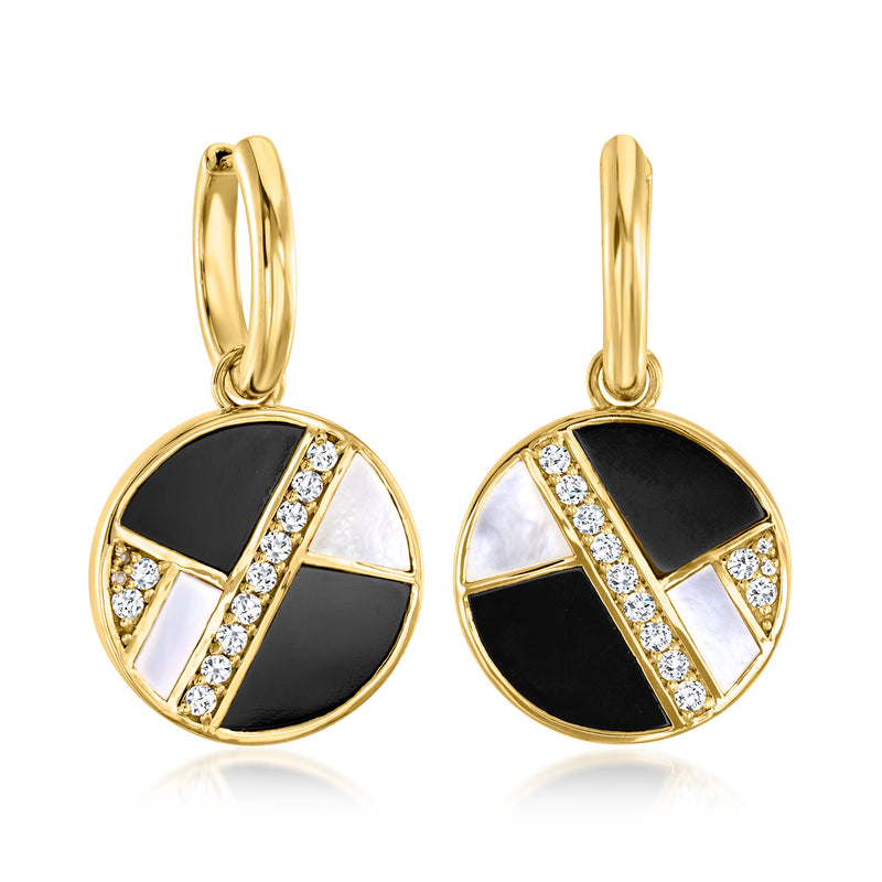 Gold hoop earrings with round onyx-and-mother-of-pearl medallion and white crystal accents