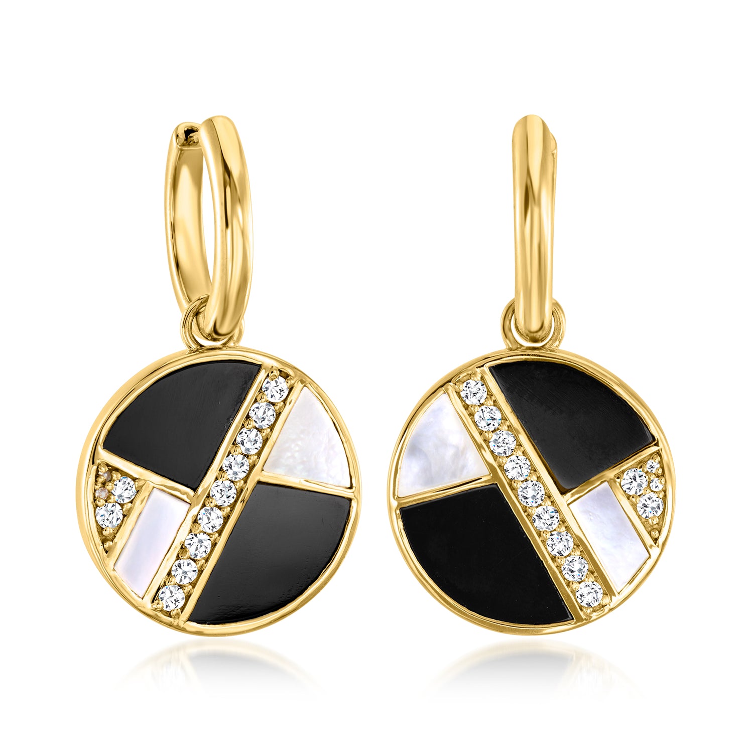 18kt Gold Over Sterling Hoop Earrings with Removable Onyx, Mother-of-Pearl and .90 ct. t.w. White Topaz Drops