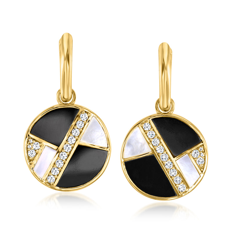 Gold hoop earrings with circular black onyx, mother-of-pearl inlay, and crystal detailing